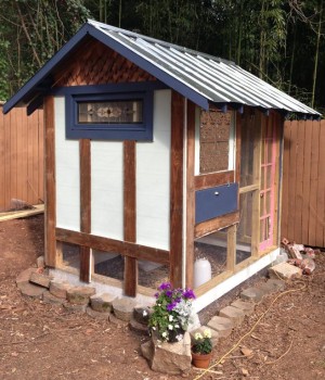 We built this whimsical chicken coop with reclaimed house parts