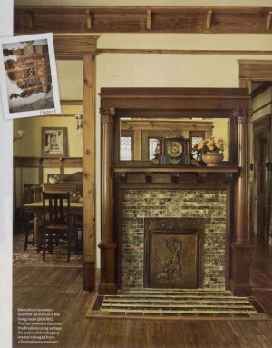 Fireplace using vintage tile and a solid mahogany mantel