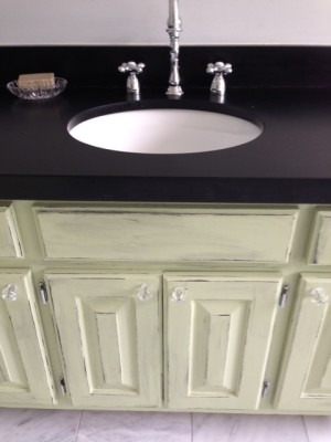 AFTER:  Sage Green Paint with Antiqued Finish and Science Lab Slate Counters